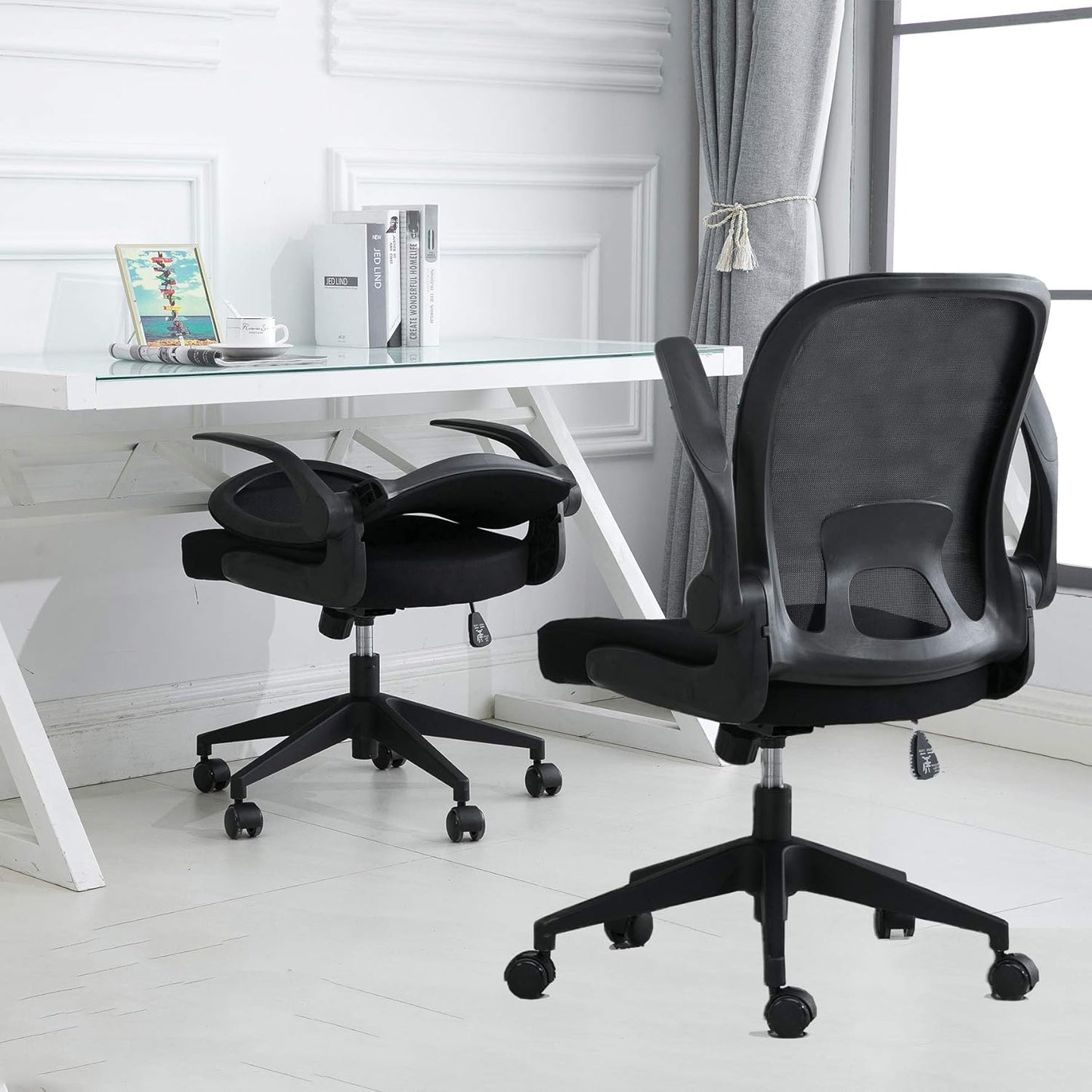 Foldable Office Chair - Home Office Desk Chairs with Flip-Up Arms and Foldable Backrest, Mesh Computer Chair Foldable Executive Office Chair (Black)