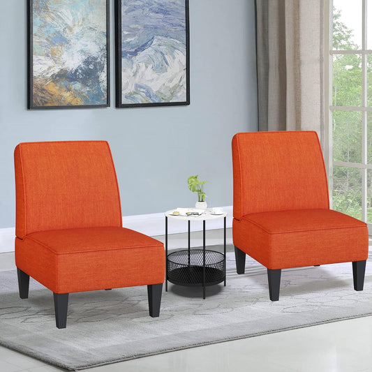 Accent Chairs Set of 2 Upholstered Living Room Chairs Armless Side Chairs Bedroom Chairs with Curved Backrest and Wooden Legs Orange