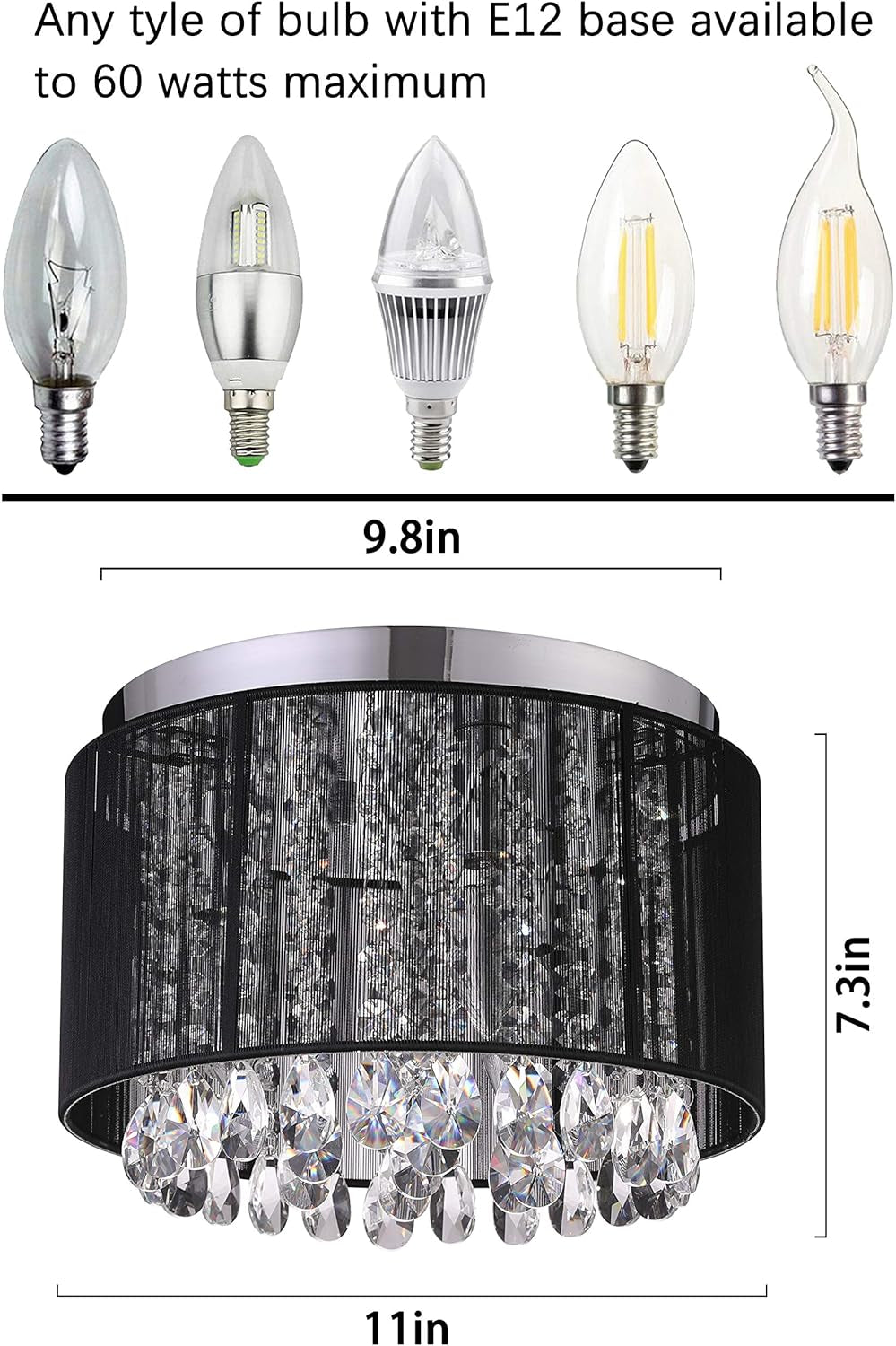 Mini Crystal Chandeliers Black Wire Shade Chandelier Crystals Ceiling Fixture 3-Light E12 Flush Mount Fabric Pendant Lighting for Bedroom Baby Room