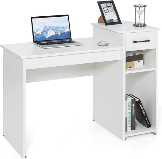 White Desk with Storage Drawer & Shelves, Compact Desk for Small Space, Modern Wooden Study Desk Writing Desk with Storage Drawer & Compartments, PC Laptop Desk Small Desk for Bedroom