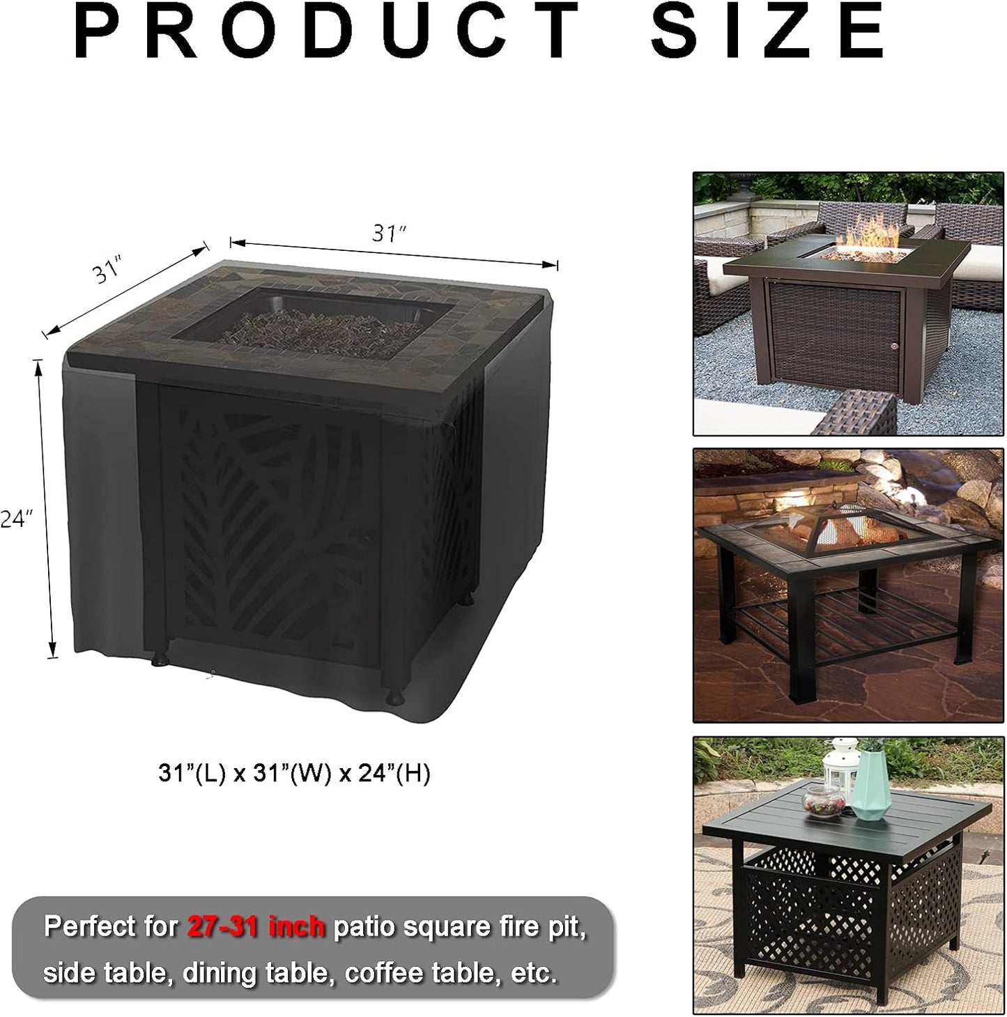 Heavy Duty Patio Table Cover, Gas Firepit Cover Waterproof Outdoor Furniture Cover (31" X 31" X 24", Black)