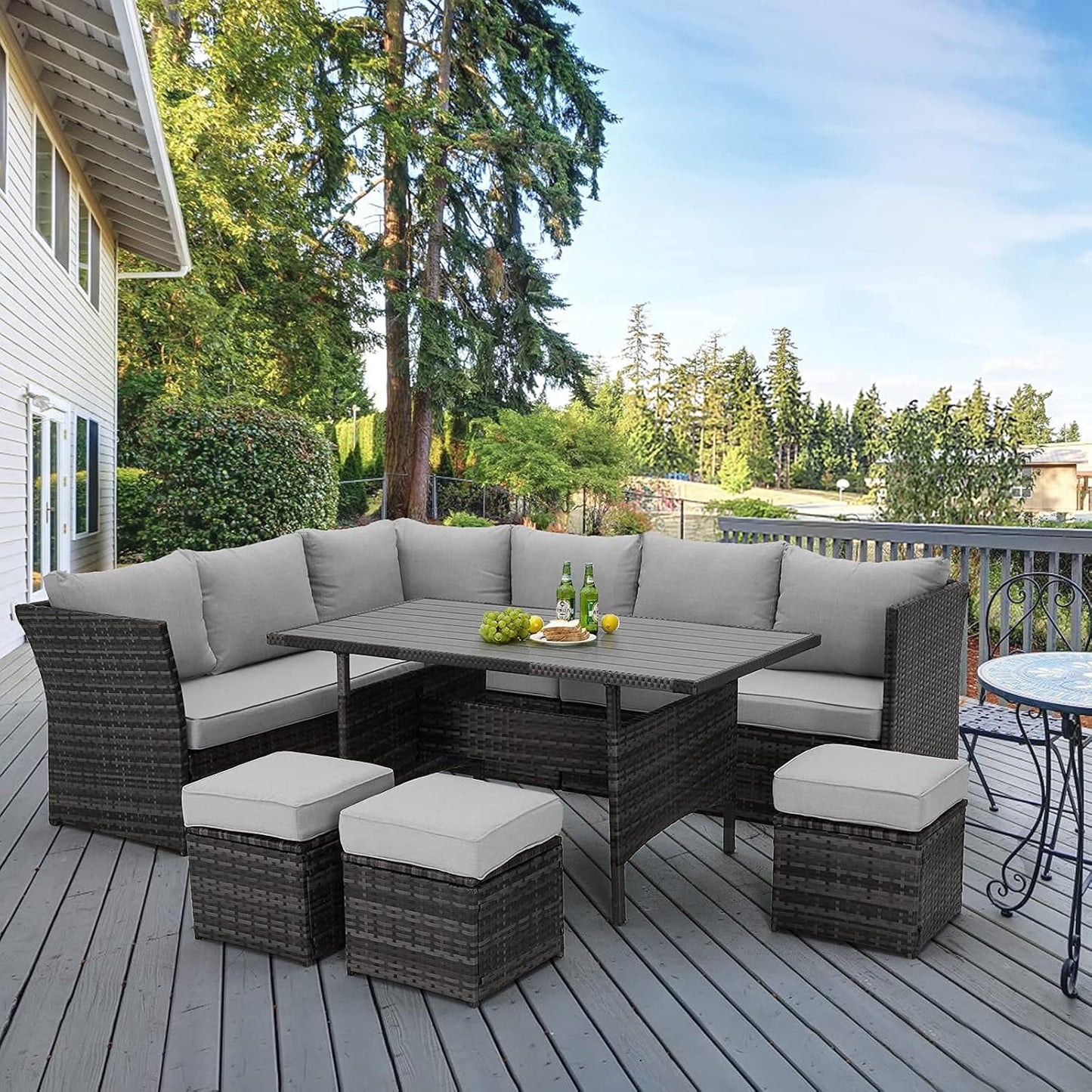 7 Pieces Outdoor Sofa Set, Wicker Rattan Patio Sectional Furniture Sets, Wicker Sectional Patio Set, Patio Dining Furniture with Table&Chair, Gray, M