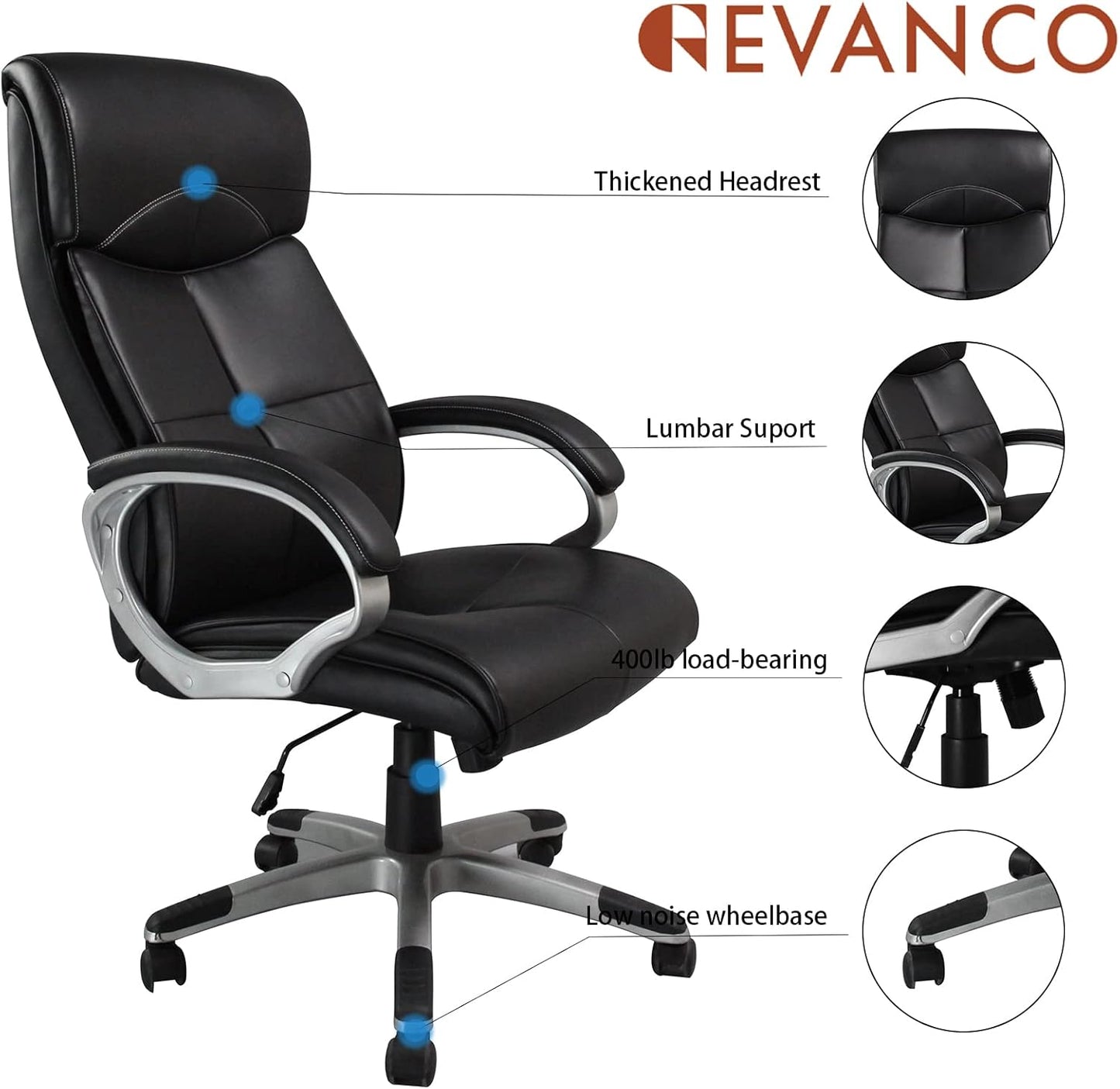 Executive Home Office Chair - Ergonomic Design, High Back Adjustable, Lumbar Support, PU Leather, for Manager Office, Home Office - Black