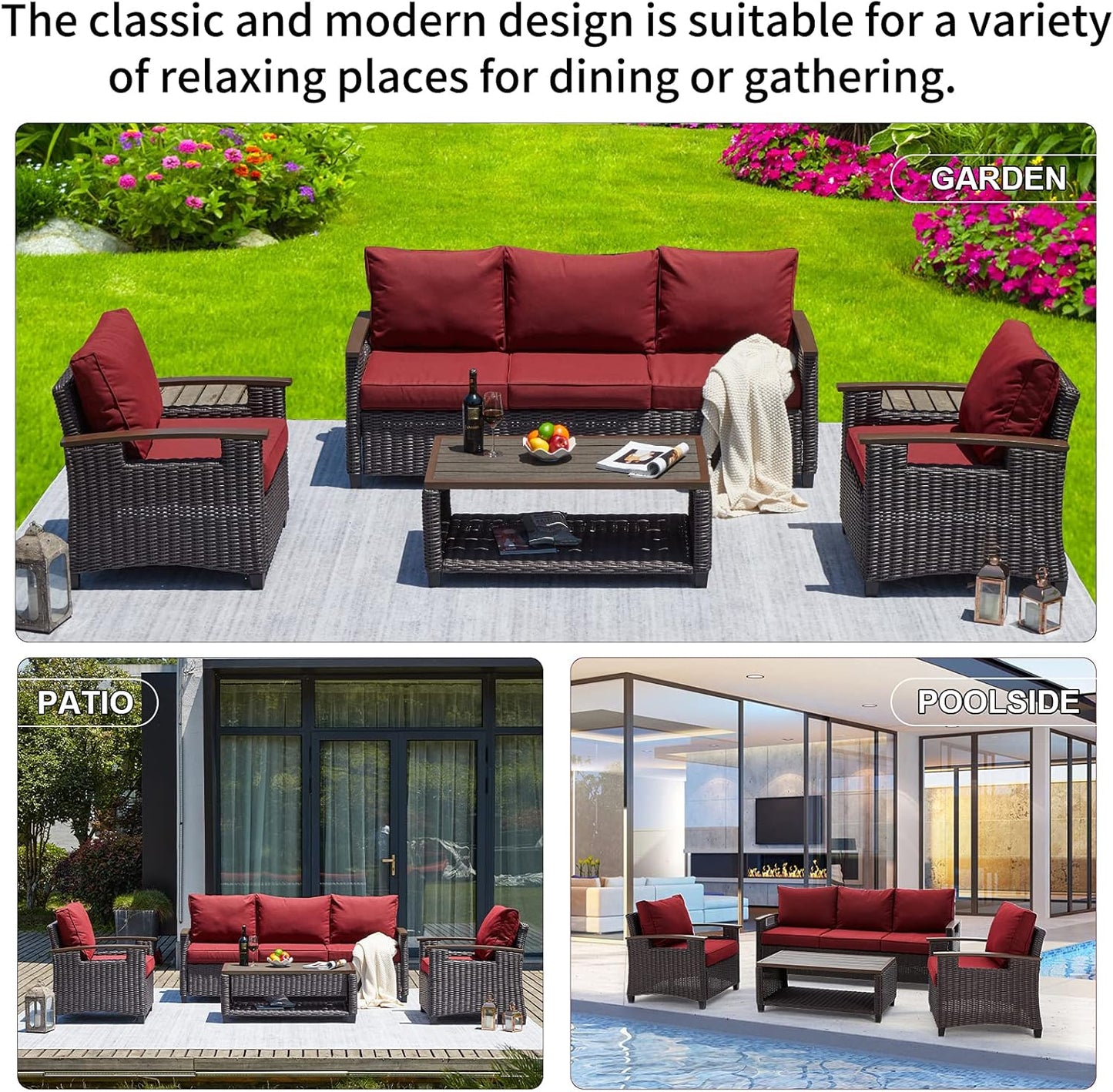 4 Pcs Patio Furniture Sets, Luxurious Retro Wicker Conversation Set, All-Weather Outdoor Sectional Sofa with 5 Seats and Table, Manual Weaving Wicker Rattan for Outdoor, Garden, Red Wine