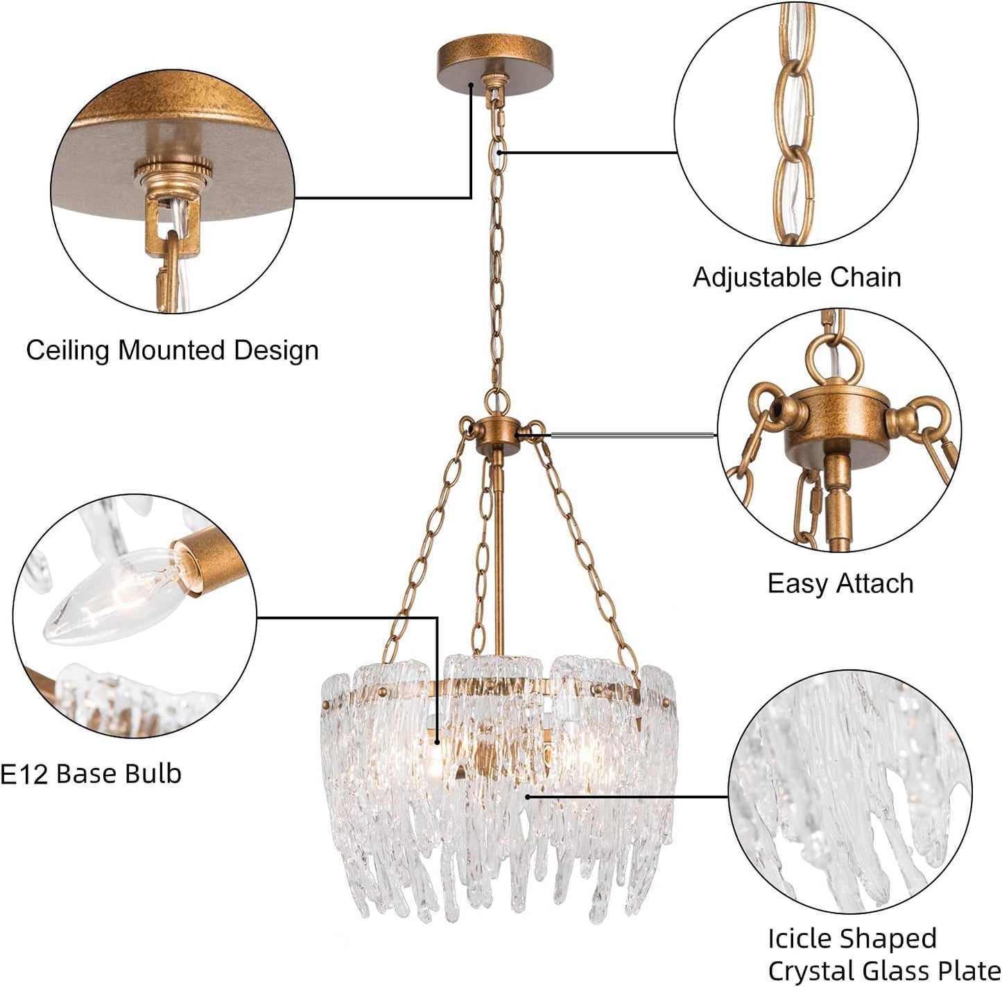 Modern Glass Chandelier, Antique Gold Dining Room Chandelier with Waterfall Shade, Hanging Farmhouse Crystal Chandelier Light Fixture for Bedroom, Living Room, 4-Light, Dia 17.5"