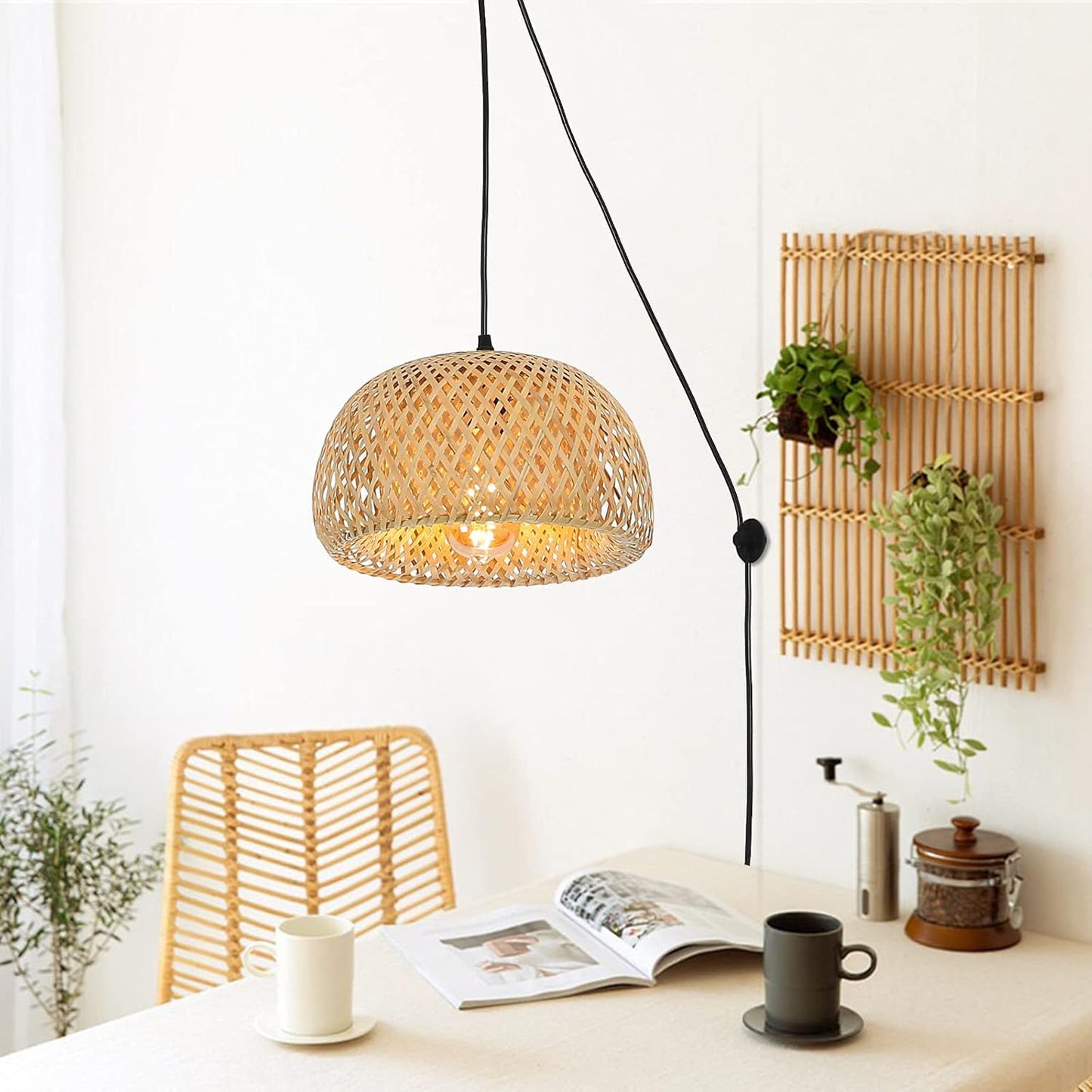 Bamboo Pendant Light - Modern Plug in Cord Rustic Woven Rattan Lampshade Basket Chandelier, Adjustable Wicker Ceiling Hanging Wall Light Fixture for Kitchen Island Bar Cafe Restaurant