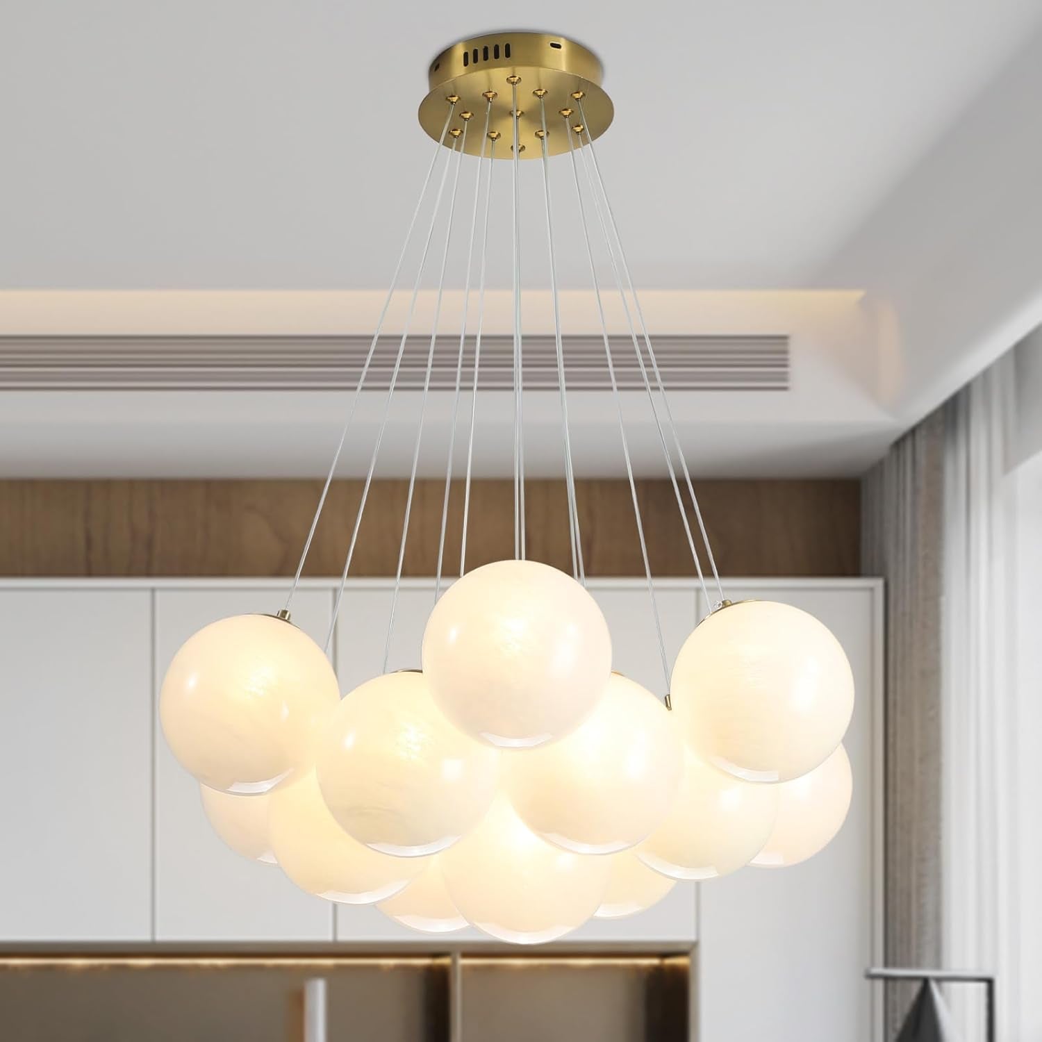 Modern Bubble Chandelier, 13-Light Globe Chandelier Light Fixture, 23" Pendant Light Fixture with Milky White Glass Balls for Bedroom Dining Room Living Room(G9 Bulbs Included, UL Listed)