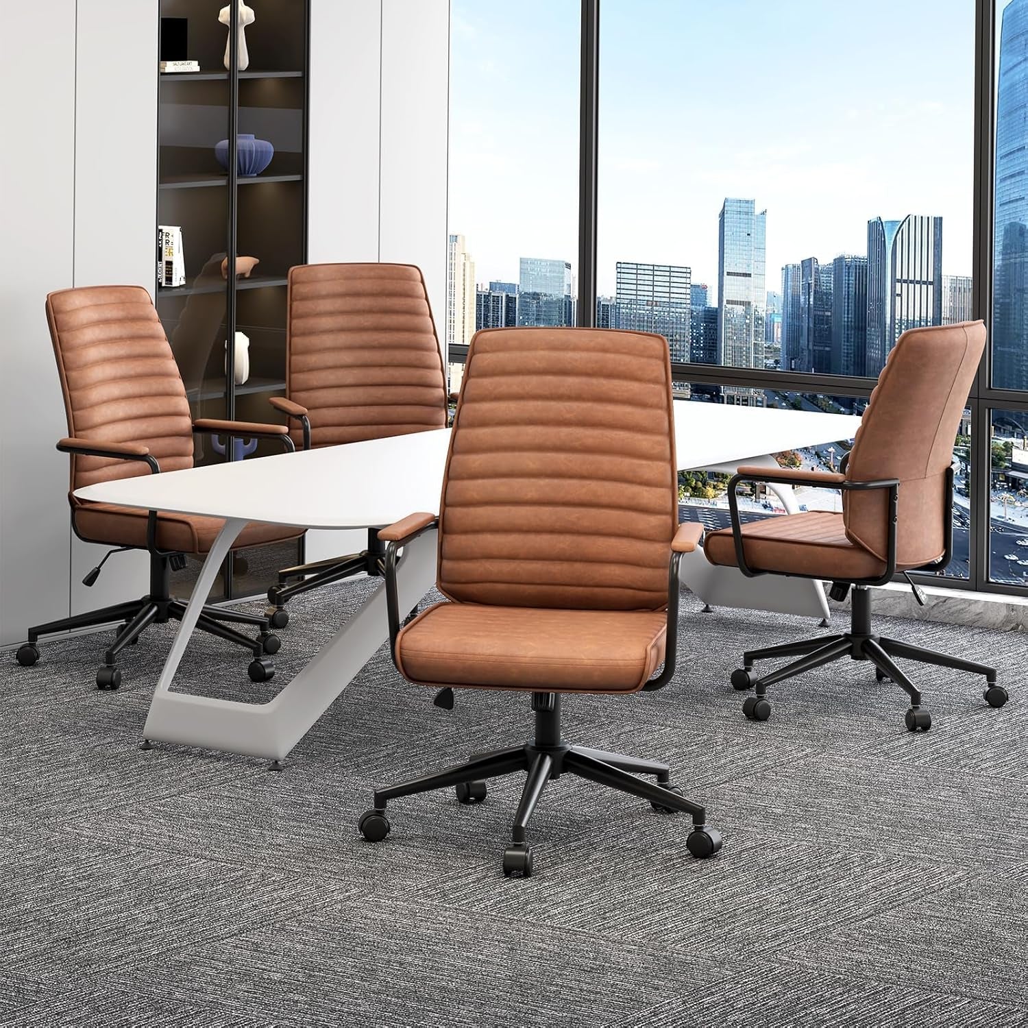 Executive Office Chair Adjustable Leather Chair Mid Back Swivel Office Desk Chair with Padded Armrest 400Lbs Load-Bearing Computer Desk Chair for Home Office