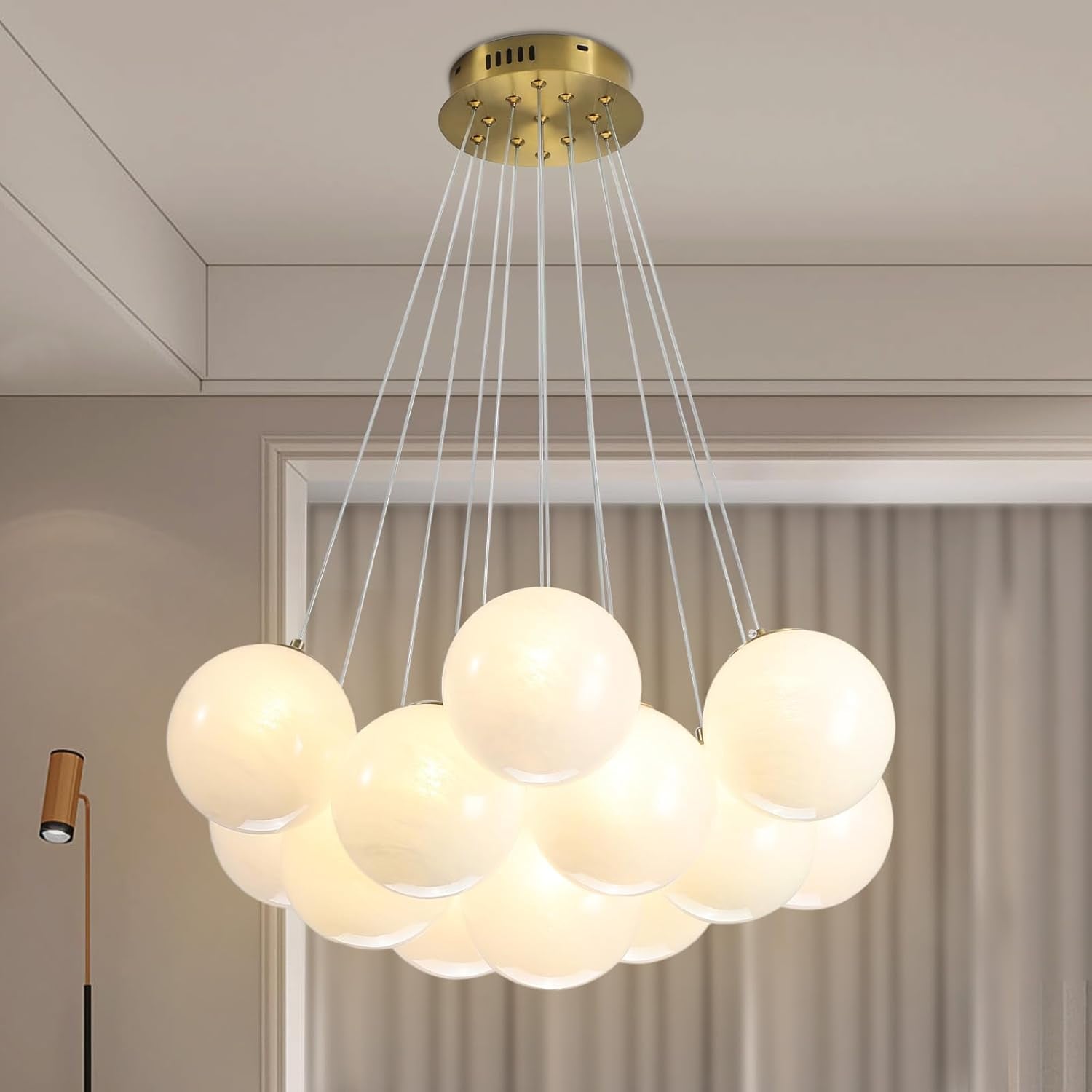 Modern Bubble Chandelier, 13-Light Globe Chandelier Light Fixture, 23" Pendant Light Fixture with Milky White Glass Balls for Bedroom Dining Room Living Room(G9 Bulbs Included, UL Listed)