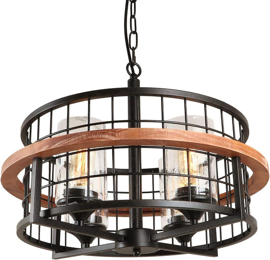 round Chandelier with 4 Seeded Glass Shades, Oak Wood Industrial Drum Kitchen Island Light, round Farmhouse Pendant Light Fixtures for Dining Room