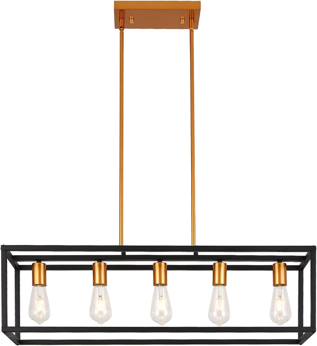 Modern Farmhouse Black Dining Room Chandelier,Kitchen Island Rectangular Lighting,Black and Gold Pendant Light Fixtures for Kitchen Dining Room Bar Foyer(E26,5-Lights)