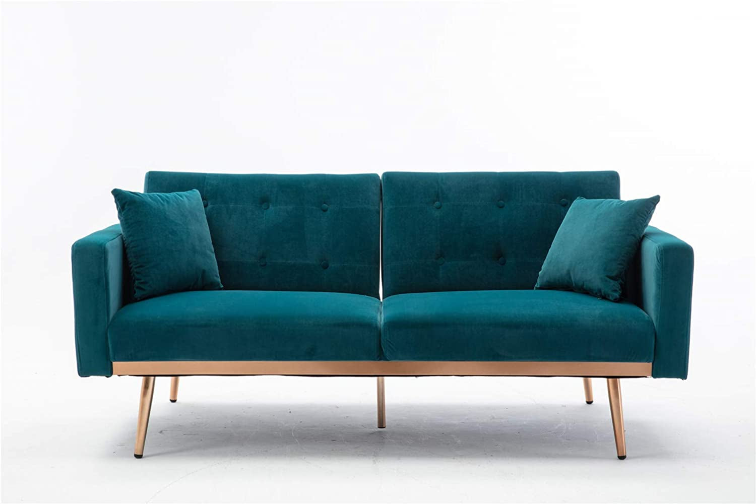 63" Accent Sofa, Mid Century Modern Velvet Fabric Couch， Convertible Futon Sofa Bed ，Recliner Couch Accent Sofa Loveseat Sofa with Gold Metal Feet (Teal)