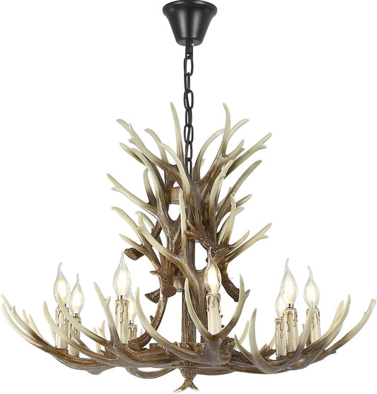 Retro Antler Chandelier, American Deer Horn Ceiling Light, E12 Bulbs, Vintage Deer Antler Light Fixture for Living Room, Clothing Store (18 Antlers + 9 Lights)