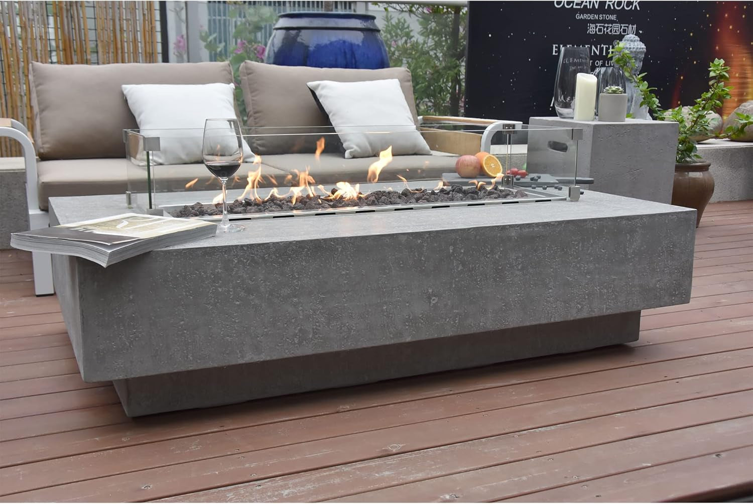 Hampton Concrete Fire Pit 56" X 32" Outdoor Patio Firepit Includes Lava Rocks 