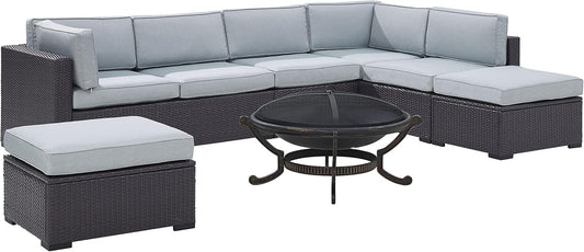 6-Piece Outdoor Wicker Seating Set with Ashland Firepit, Brown with Mist Cushions