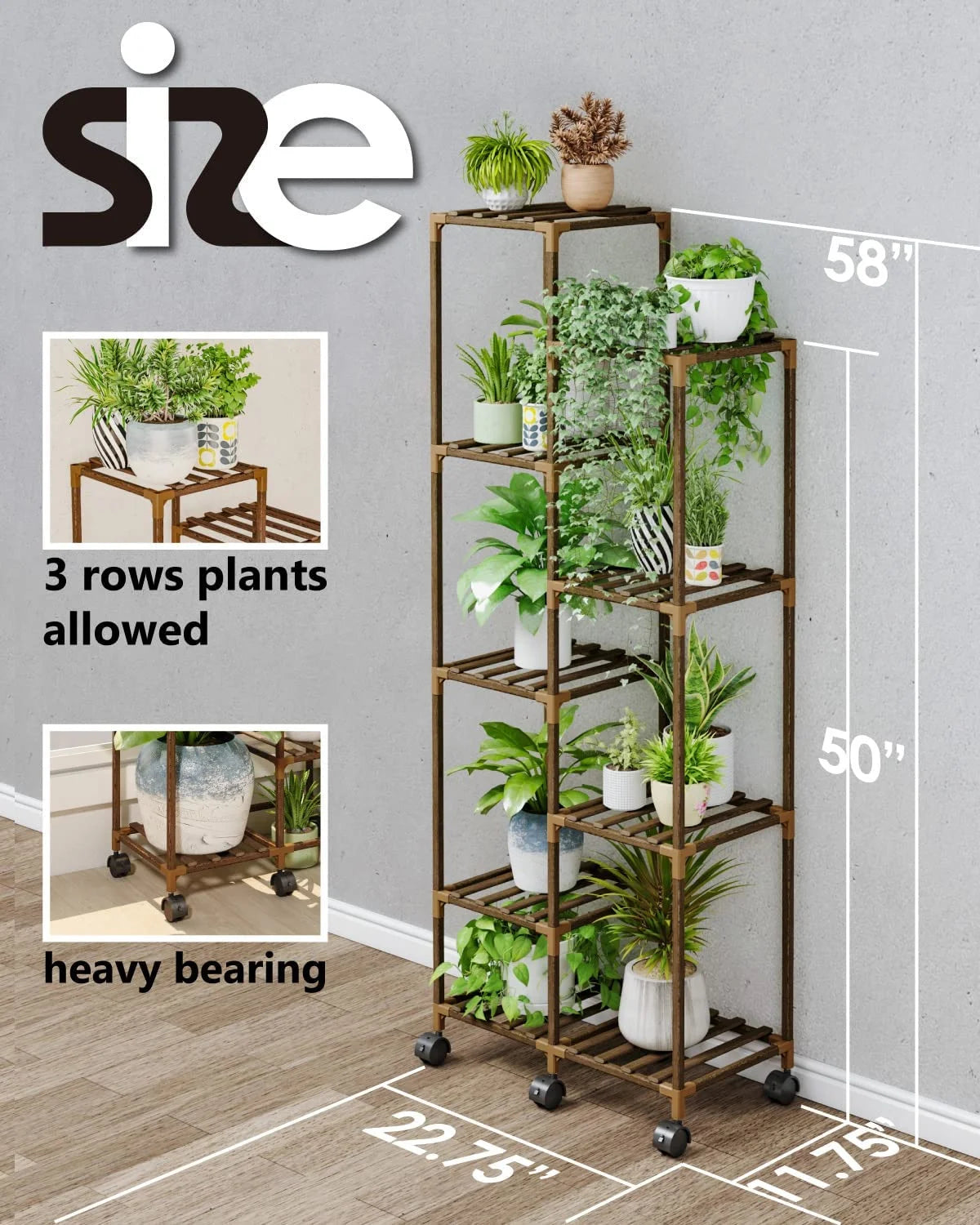 Plant Stand with Wheels for Tall Flower Shelf (9 Pots WW)