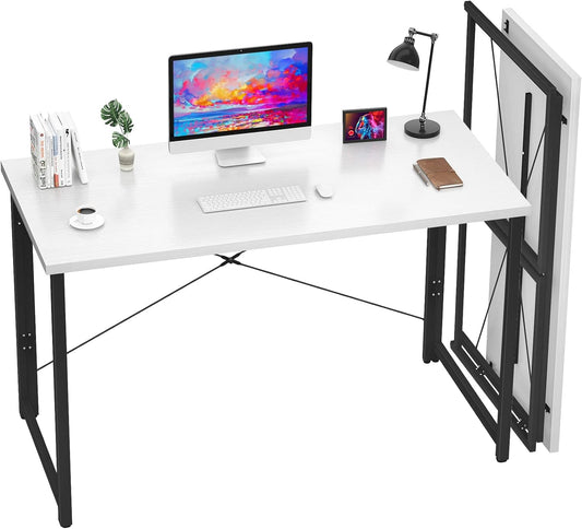 Folding Computer Desk 41 Inch No Assembly Small Work Desk for Home Office Simple Writing Desk Foldable Desk for Small Spaces, Workstation | White