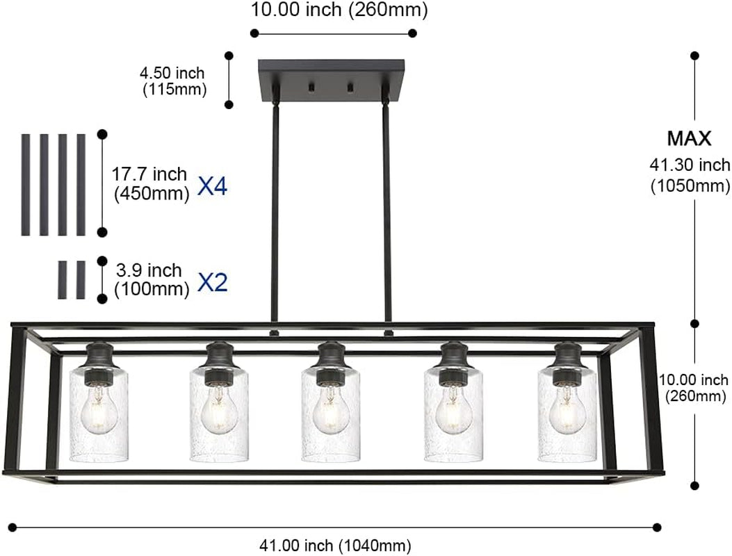 5-Light Kitchen Island Pendant Lighting, Industrial Farmhouse Chandeliers Black Dining Room Lighting Fixtures Ceiling for Living Room, Bedroom, Bar, Restaurant with Clear Seedy Glass Shades