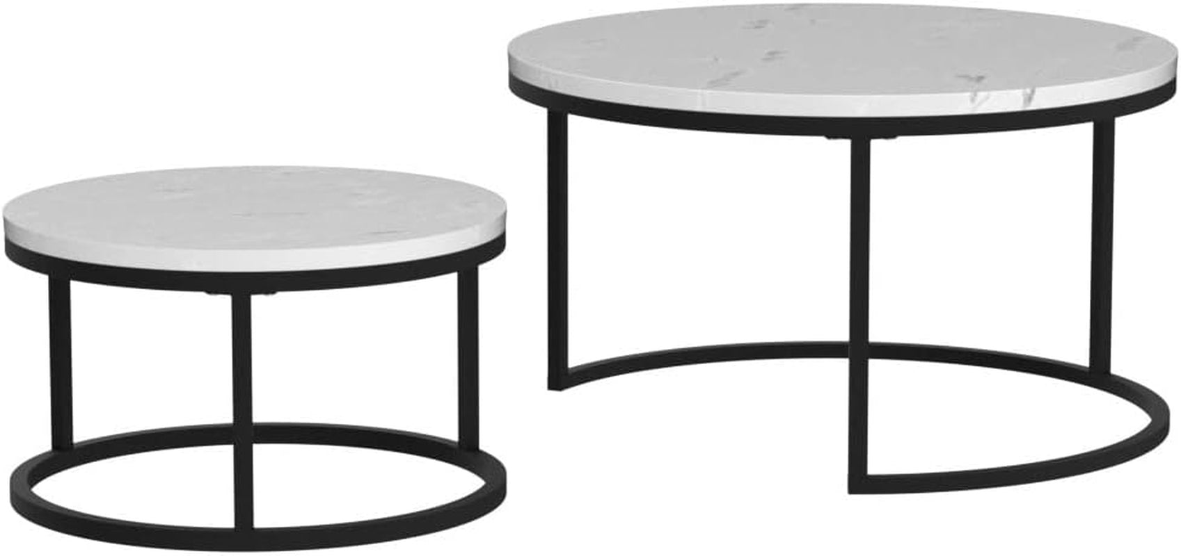 Modern Nesting Coffee Table, Marble Look Sofa Side Nest of Tables round End Tables, Set of 2, Black Color Frame with Wood Top- 32”& 24” Table Set