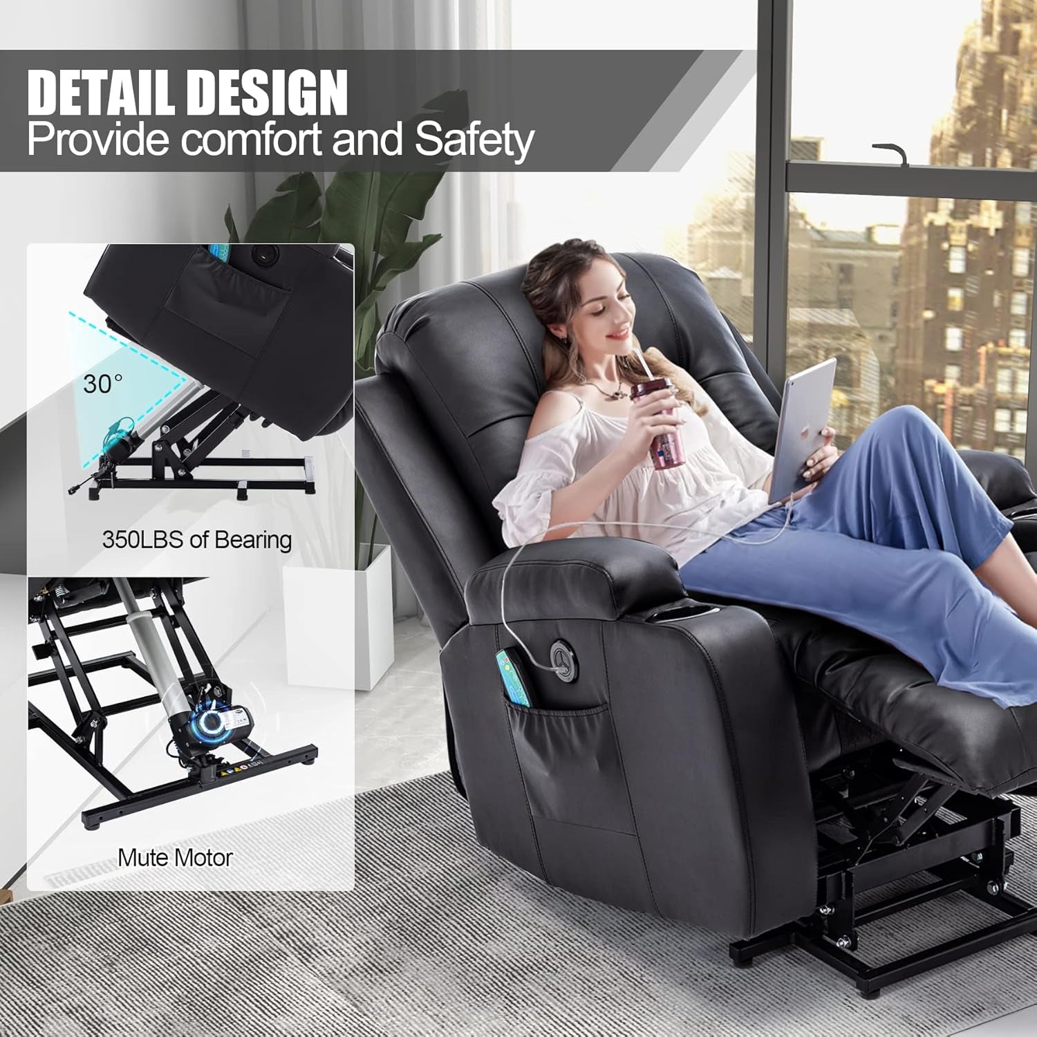 Power Lift Recliner Chair, PU Leather Recliner W/8 Massage Positions &Lumbar Heating for Adults