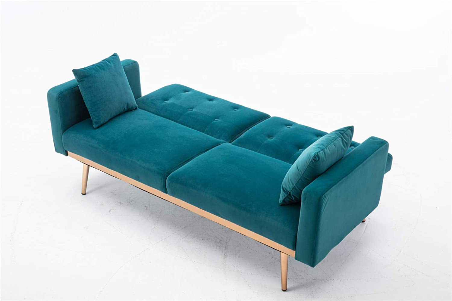 63" Accent Sofa, Mid Century Modern Velvet Fabric Couch， Convertible Futon Sofa Bed ，Recliner Couch Accent Sofa Loveseat Sofa with Gold Metal Feet (Teal)