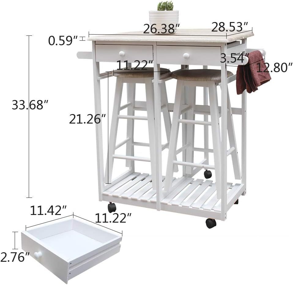 Kitchen Island Table,Small Kitchen Table with Rolling Casters,Dining Table Set with Folding Drop Leaf 2 Drawers, Small Kitchen Table Set for 2 Square Stools (Semicircle Natural)