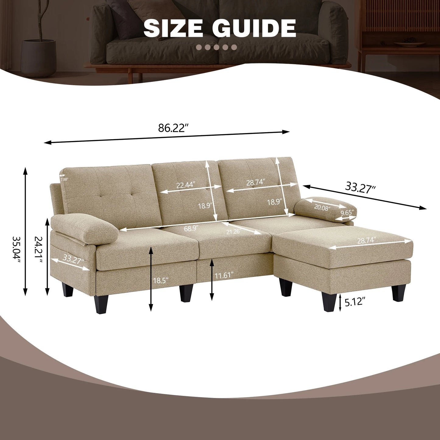 Modern Fabric L-Shapped Sofa Sectional Couches for Living Room Convertible Sofa with Matching Chaise for Office, Apartment, Studio