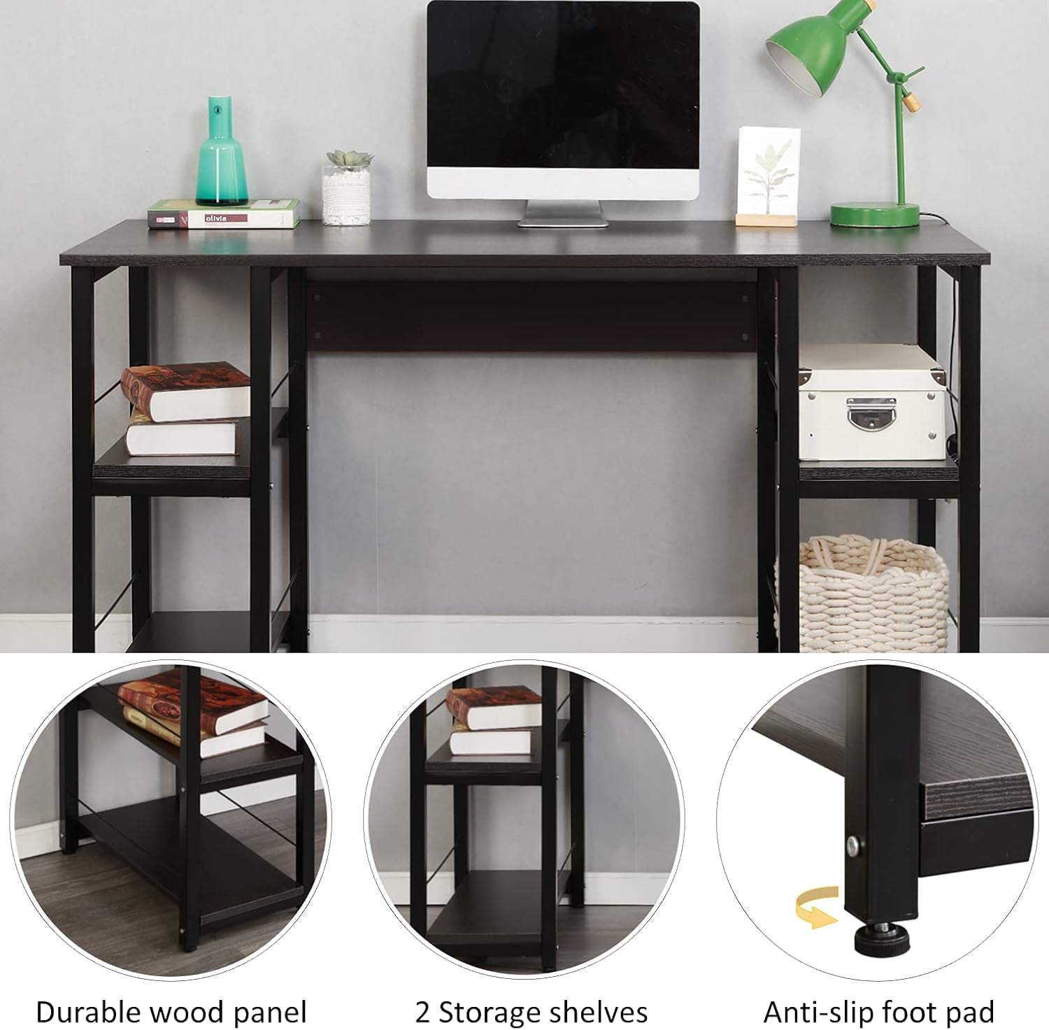 Home Office Desk 55 Inches Computer Desk, Morden Style Desk with Shelves Worksation Desk, Storage Desk Black DZ012-140-H