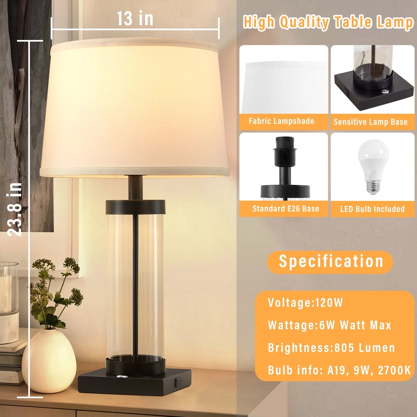 Glass Table Lamps for Bedroom with USB Ports, 3-Way Dimmable Touch Bedside Lamps Modern Nightstand Lamps for Home Lighting Decoration