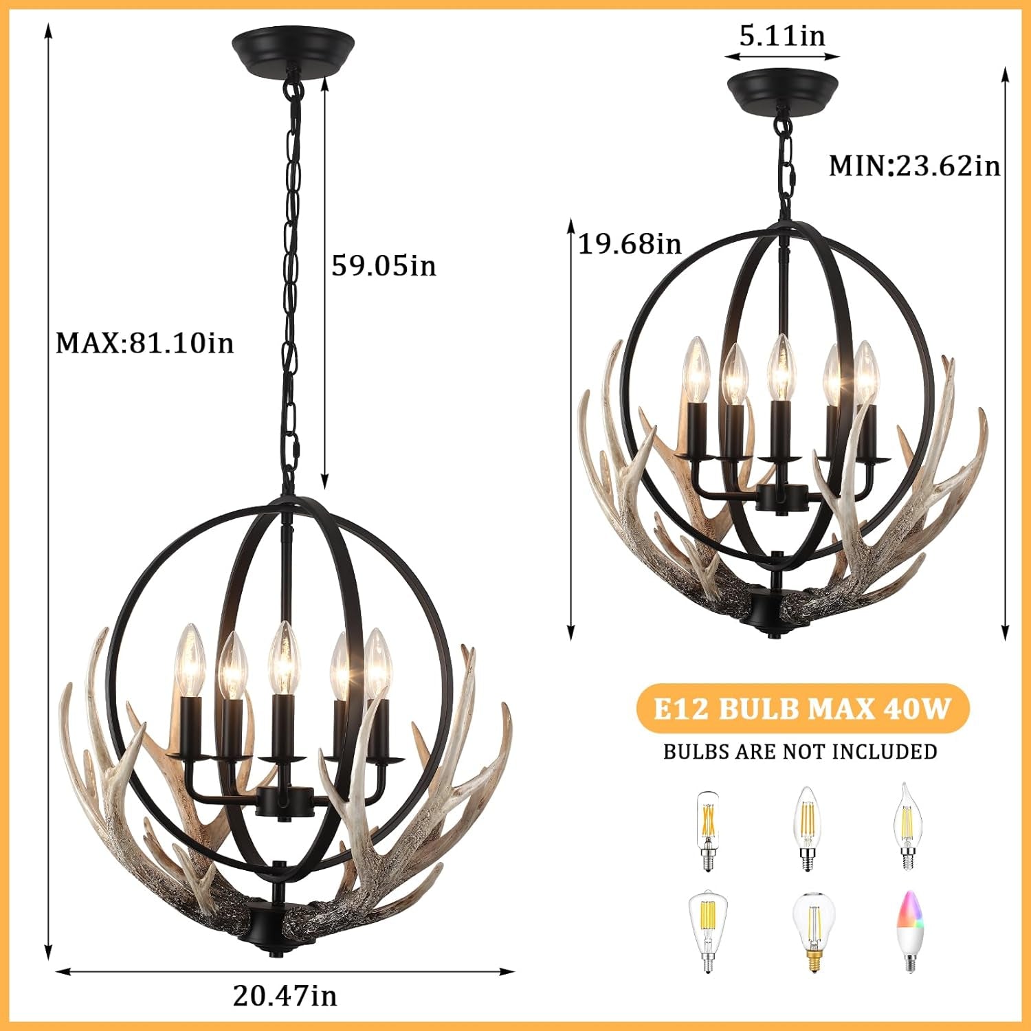 5 Light Antler Chandelier 20"Farmhouse Chandeliers for Dining Room Rustic Vintage Ceiling Light Fixture with 4 Resin Deer and Metal Globe Chandelier for Entryway Foyer Kitchen Island Pendant Light,E12