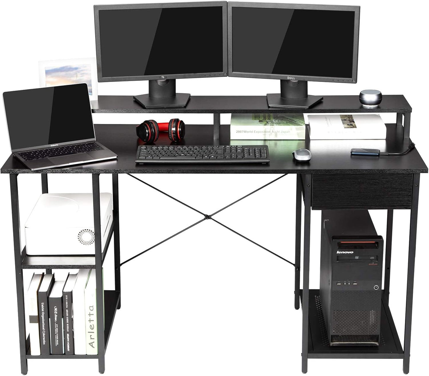 Home Office Computer Desk with Drawer, Monitor Stand and Storage Shelves