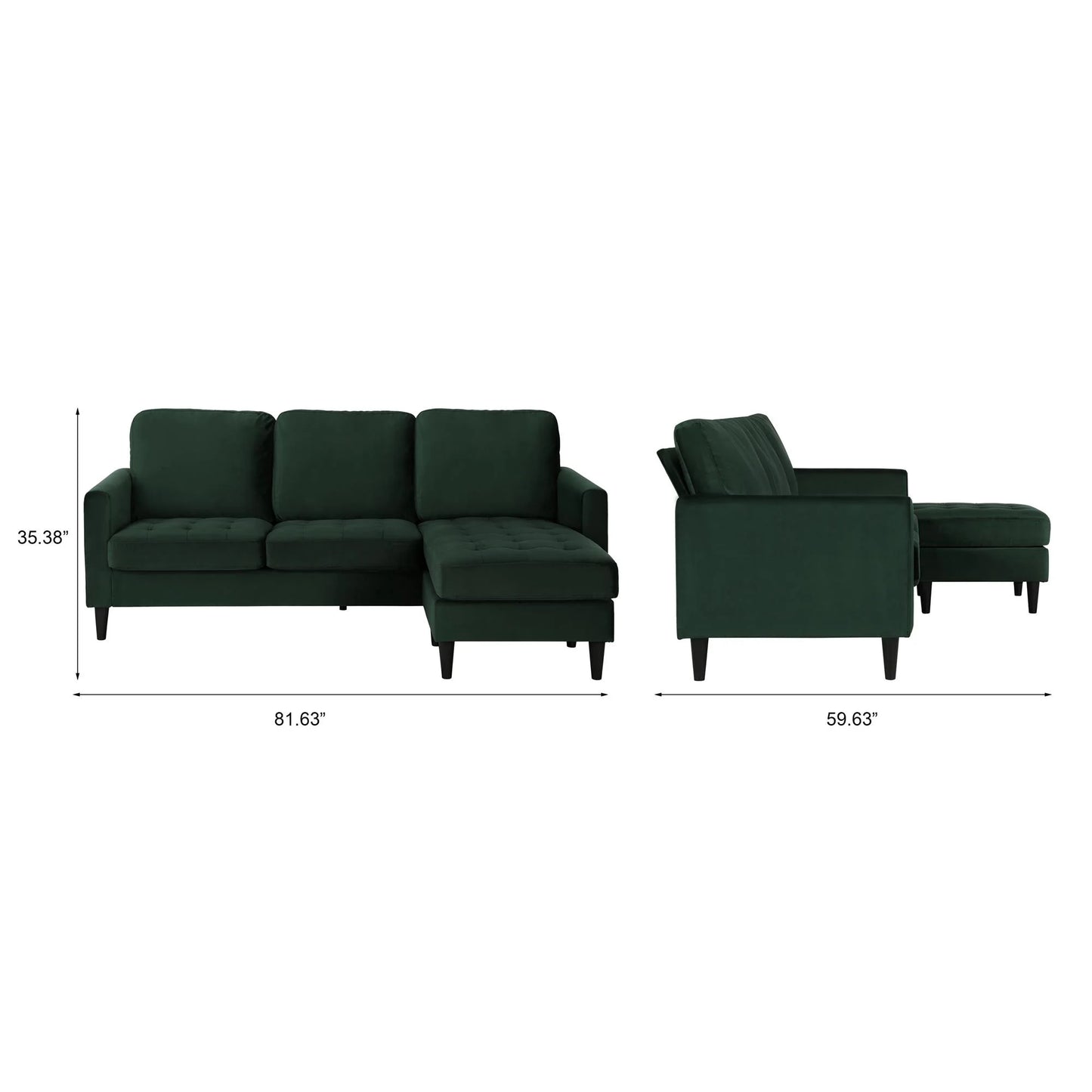 Cosmoliving Strummer Reversible Sectional Sofa Couch, Green Velvet