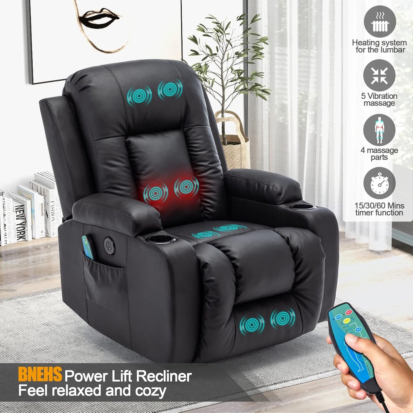 Power Lift Recliner Chair, PU Leather Recliner W/8 Massage Positions &Lumbar Heating for Adults