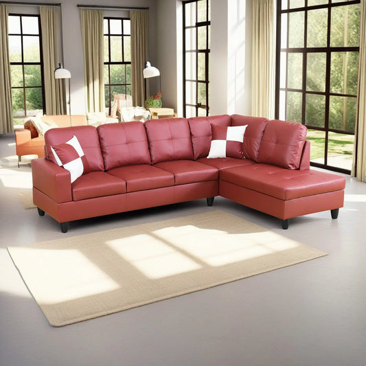 Semi PU Leather Sectional Sofa Couch Living Room Furniture Sets, Modern L Shaped Sectional Sofa Set, Red(No Ottoman)