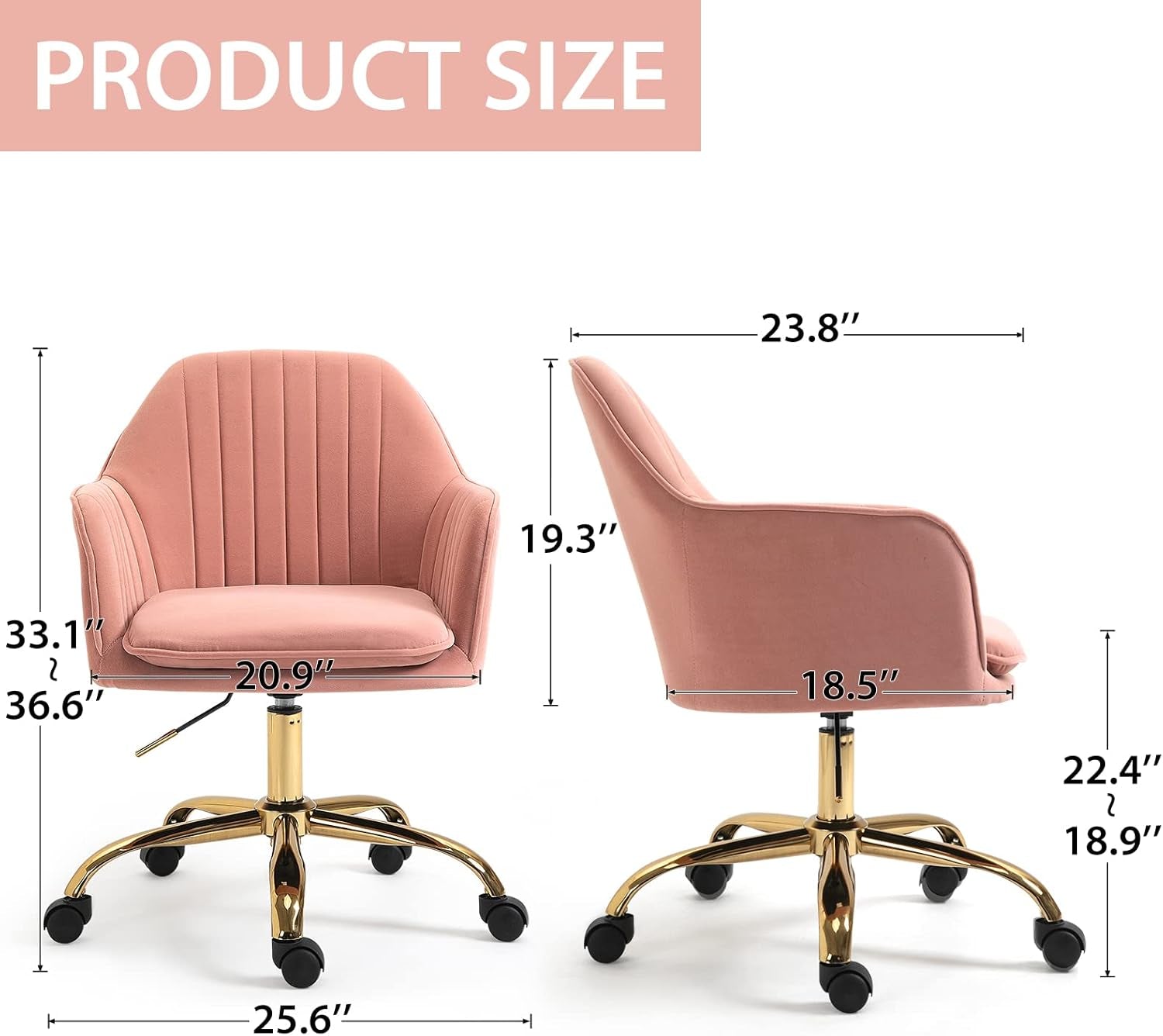 Pink Chair Cute Office Chair, Mid-Back Vanity Chair Adjustable Task Office Chair 360°Swivel Roller Chair with Arms and Gold Metal Base for Home Office, Vanity Room, Bedroom