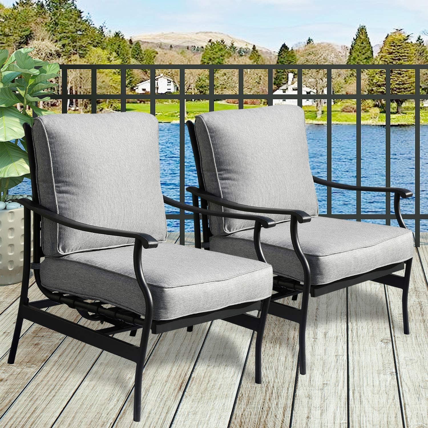 2 PC Outdoor Padded Conversation Set,Patio Furniture Sets Modern Bistro Cushioned Rocking Sofa Chairs with 5.1 Inch Thick Seat Cushions,Grey