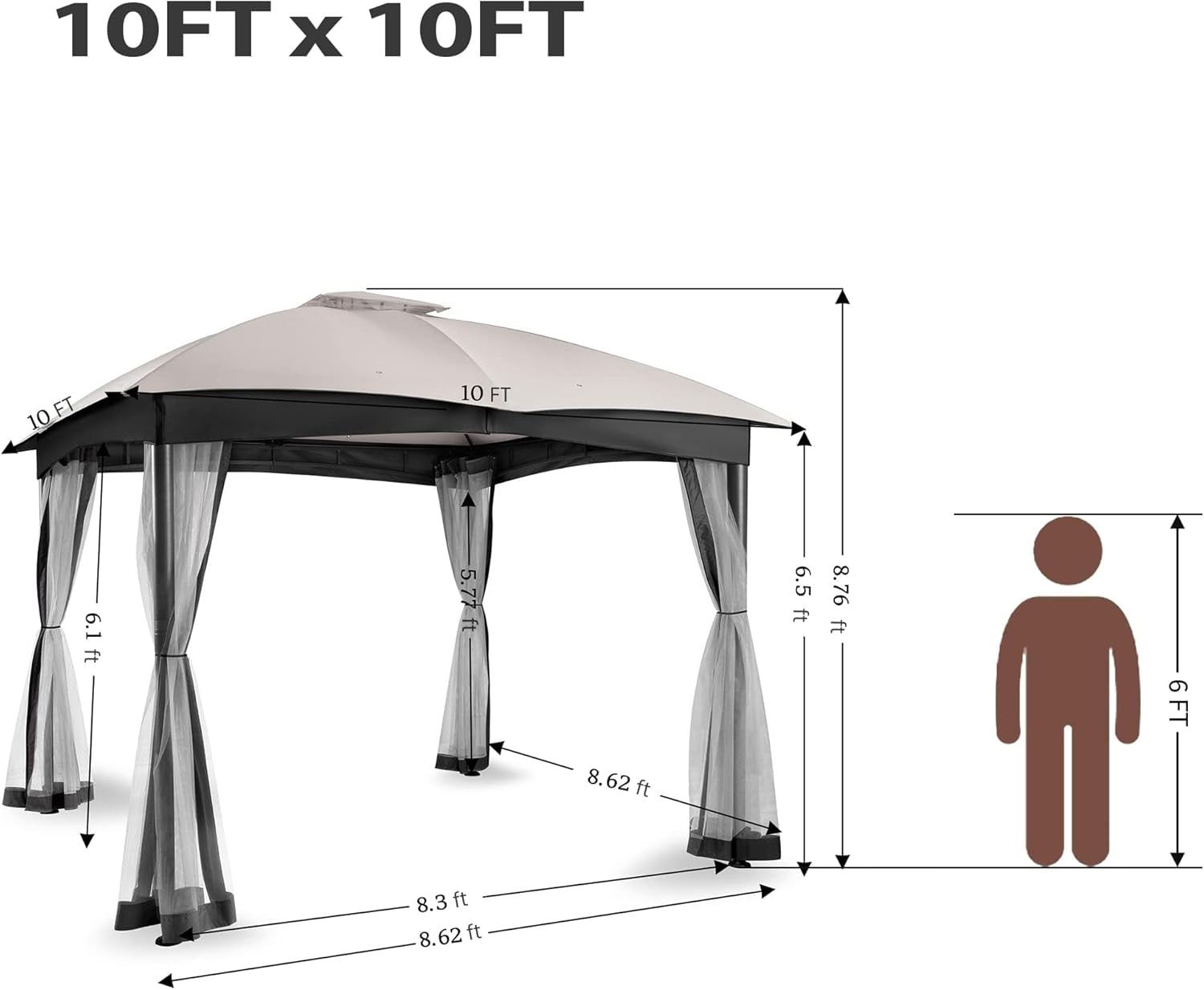 10X10 Gazebo for Patio, Canopy Gazebo with Netting & Sand Bag, Patio Gazebo Double Vent Heavy Duty (Ash Grey)