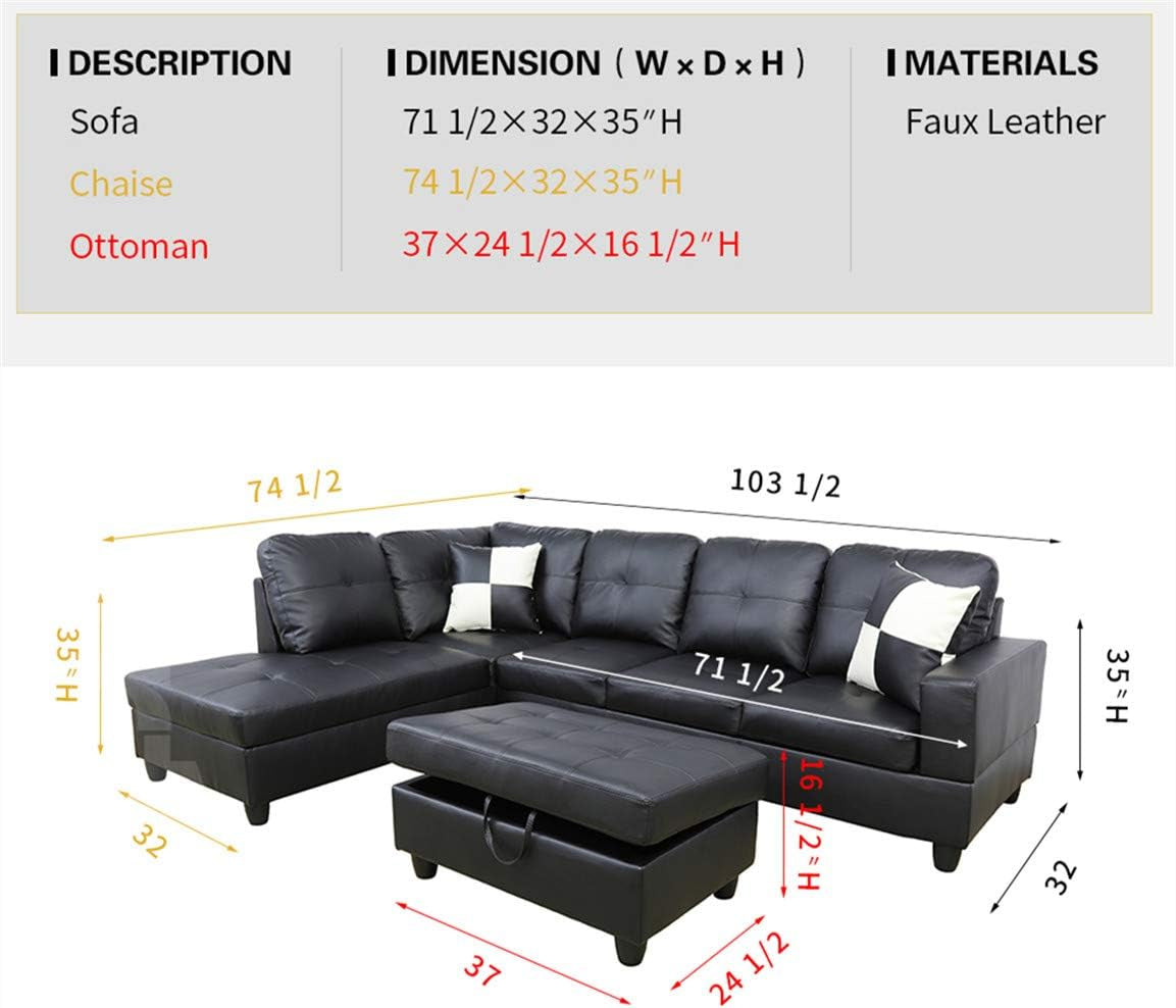 Ainehome 3 PCS Living Room Set, Sectional Sofa Set, L-Shape Couch in Home, with Storage Ottoman and Matching Pillows (Left Hand Facing,Black)