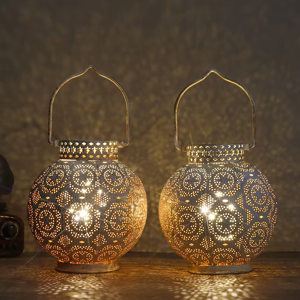 2Pcs Metal Table Lamp Battery Powered Moroccan Decorative Lamps White Cordless Lamp Tabletop Indoor Outdoor Living Room