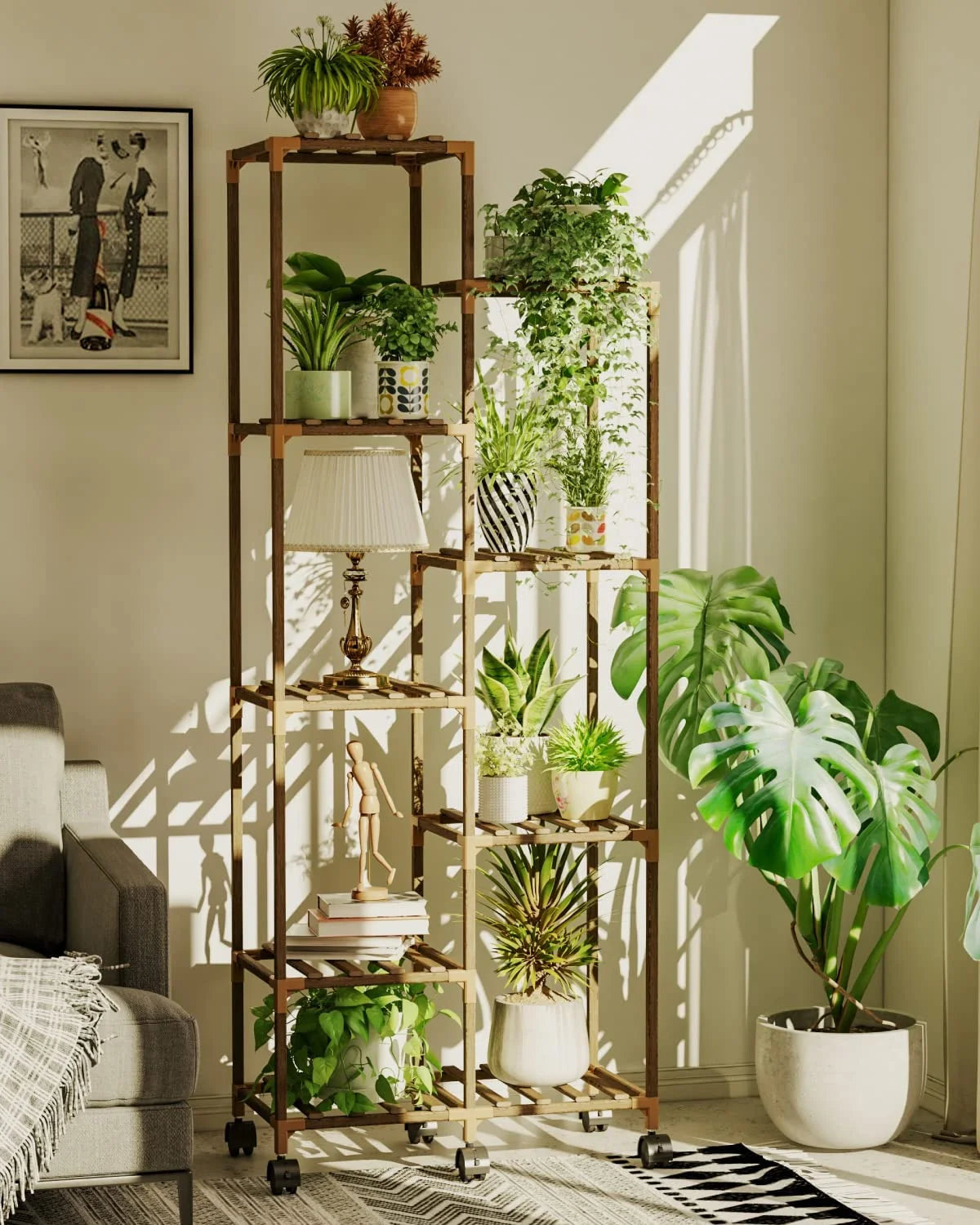 Plant Stand with Wheels for Tall Flower Shelf (9 Pots WW)