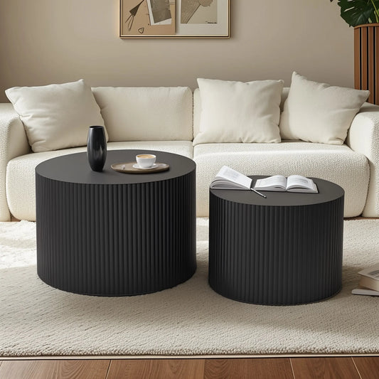 Nesting Coffee Table Set of 2, Modern Drum Side Table End Table, Wave Stripe round Coffee Table for Living Room, Bedroom, No Assembly, Black