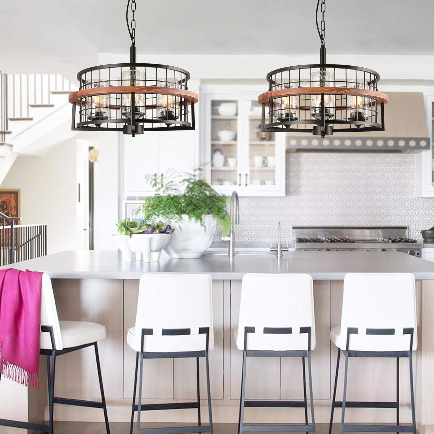 round Chandelier with 4 Seeded Glass Shades, Oak Wood Industrial Drum Kitchen Island Light, round Farmhouse Pendant Light Fixtures for Dining Room