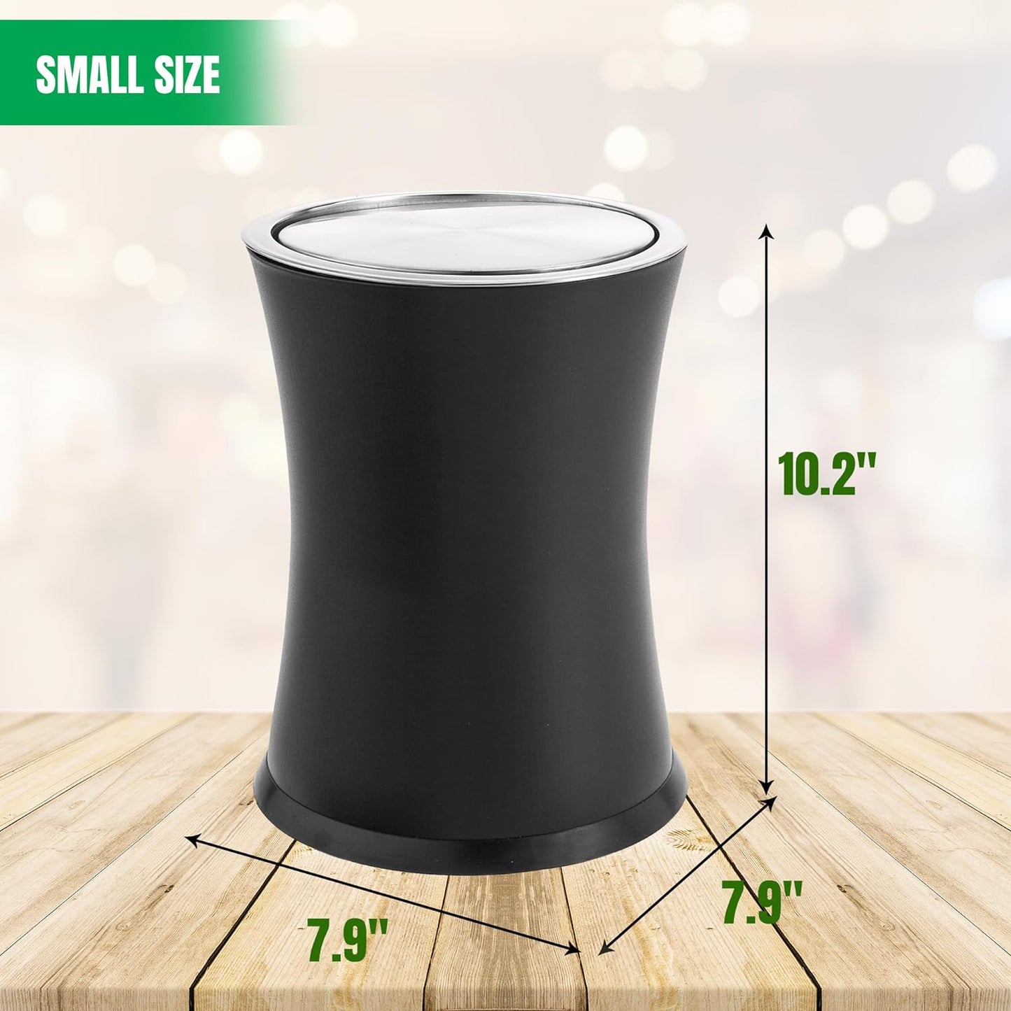 Swivel-A-Lid Small Trash Can, Metal Attractive 'Center-Inset' Designed Wastebasket, Modern Home Décor, round Shape (Black)