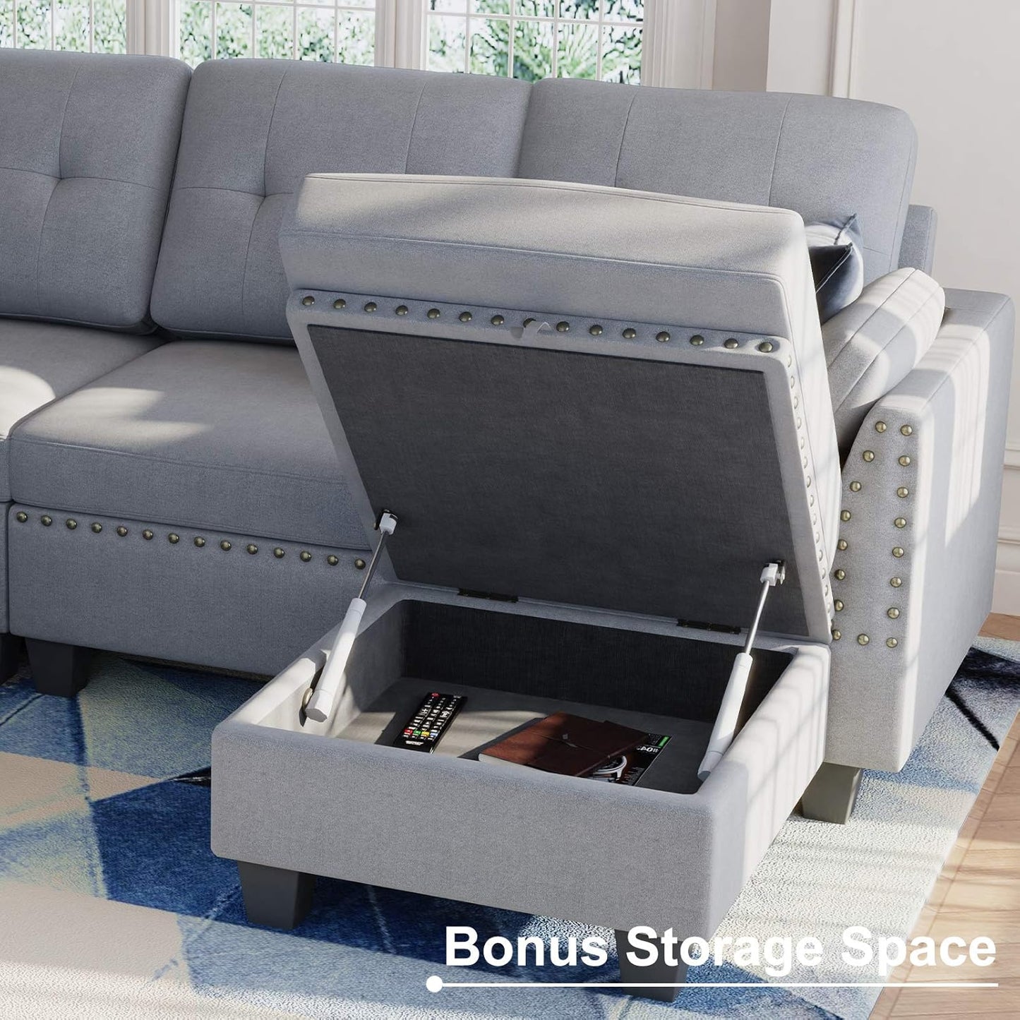 Reversible Sectional Sofa Couch Set L Shaped Couch Sofa Sets for Living Room 4 Seat Sofa Sectional with Storage Ottoman for Small Apartment,Grey (Sectional+Tray Ottoman)