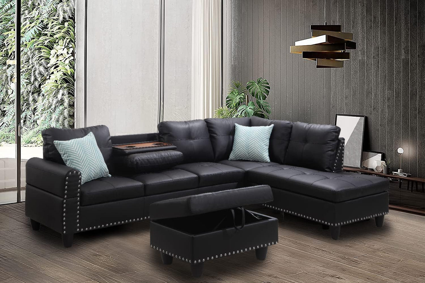 Sectional Sofa with Chaise Lounge and Ottoman Living Room Leather Sectional Set 6 Seater Corner L Shaped Couch Sofa with Cupholder, Right Facing Couch