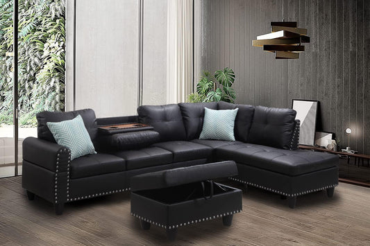 Sectional Sofa with Chaise Lounge and Ottoman Living Room Leather Sectional Set 6 Seater Corner L Shaped Couch Sofa with Cupholder, Right Facing Couch