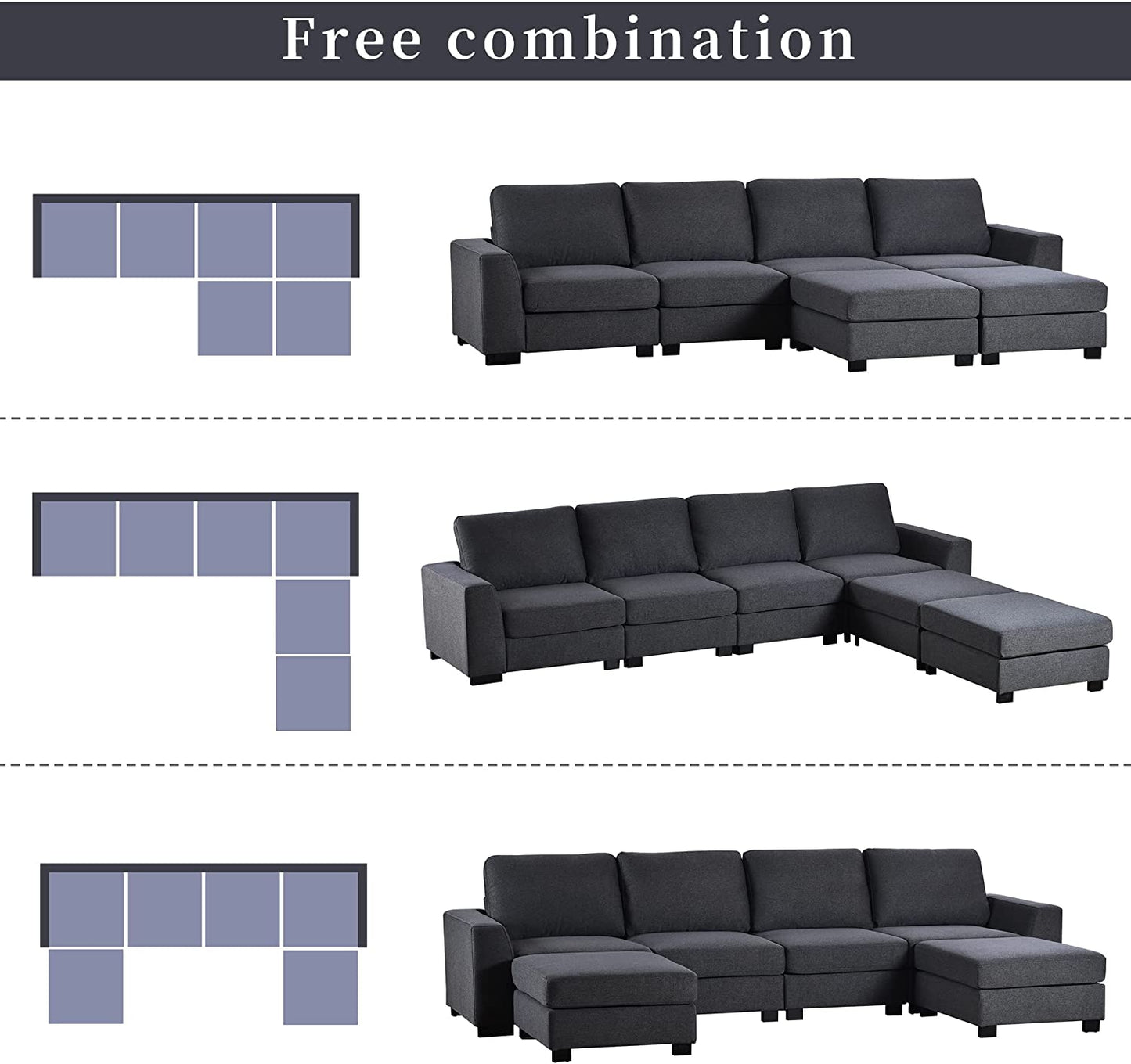 131" Modern Large Sectional Sofa,U Shape Upholstered Couch,Modular Sectional Sofa with 2 Removable Ottomans,Thickened Cushion Back & Wide Square Arms,4 Seat Sofa for Living Room (Gray)