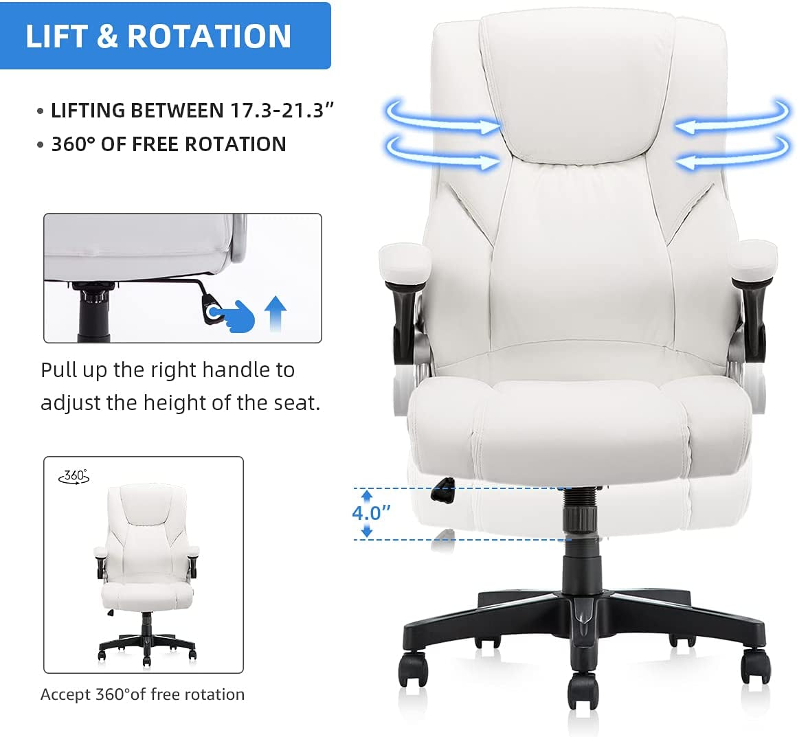 Home Office Desk Chair Comfortable Leather Computer Chairs Executive Office Chair with Armrests, White