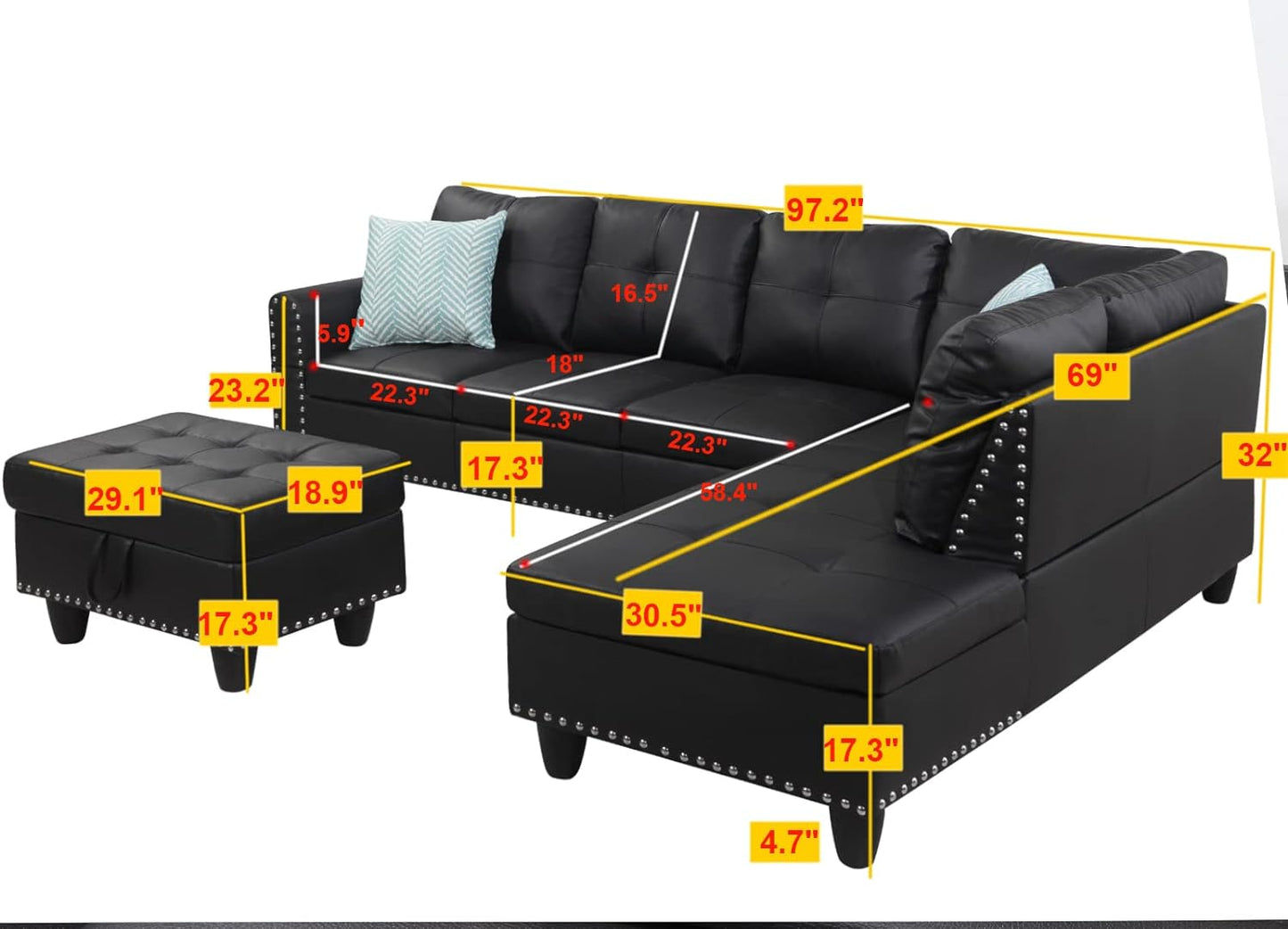 Sectional Sofa with Chaise Lounge and Ottoman Living Room Leather Sectional Set 6 Seater Corner L Shaped Couch Sofa with Cupholder, Right Facing Couch