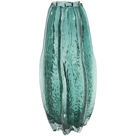 12" Handmade Bubble Textured Green Glass Vase with Wavy Body